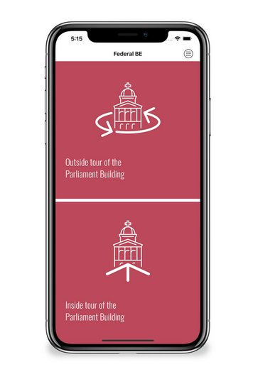 The app contains two tours. After downloading the app, the user can choose between a tour around the outside of the Swiss parliament buildings or a tour through the inside of the building.