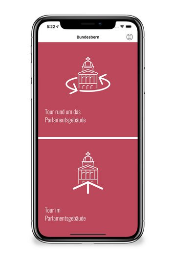 Die App enthält zwei Touren. Der/die User/in kann nach dem App-Start zwischen einer Tour rund um das Schweizer Parlamentsgebäude oder einer Tour in das Gebäudeinnere auswählen.