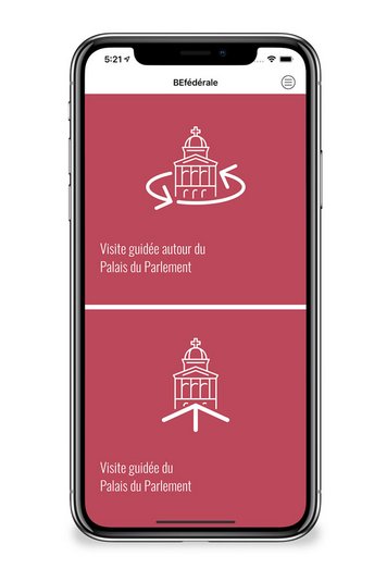 Deux visites sont proposées à l’utilisateur dès l’ouverture de l’application: un tour à l’extérieur du bâtiment du Parlement suisse ou une visite à l'intérieur du bâtiment.